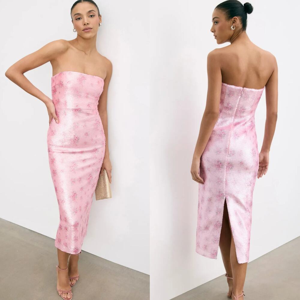 LoveShackFancy Stasia Dress Sequin Embellished Strapless Midi Cocktail Pink 14